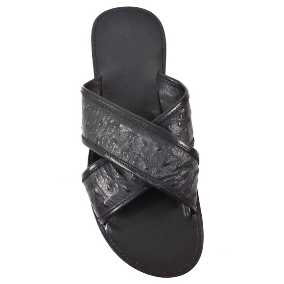 GOODMAN ?? BLACK REAL  OSTRICH LEATHER COMFORT FLAT SUMMER SANDALS main image 6
